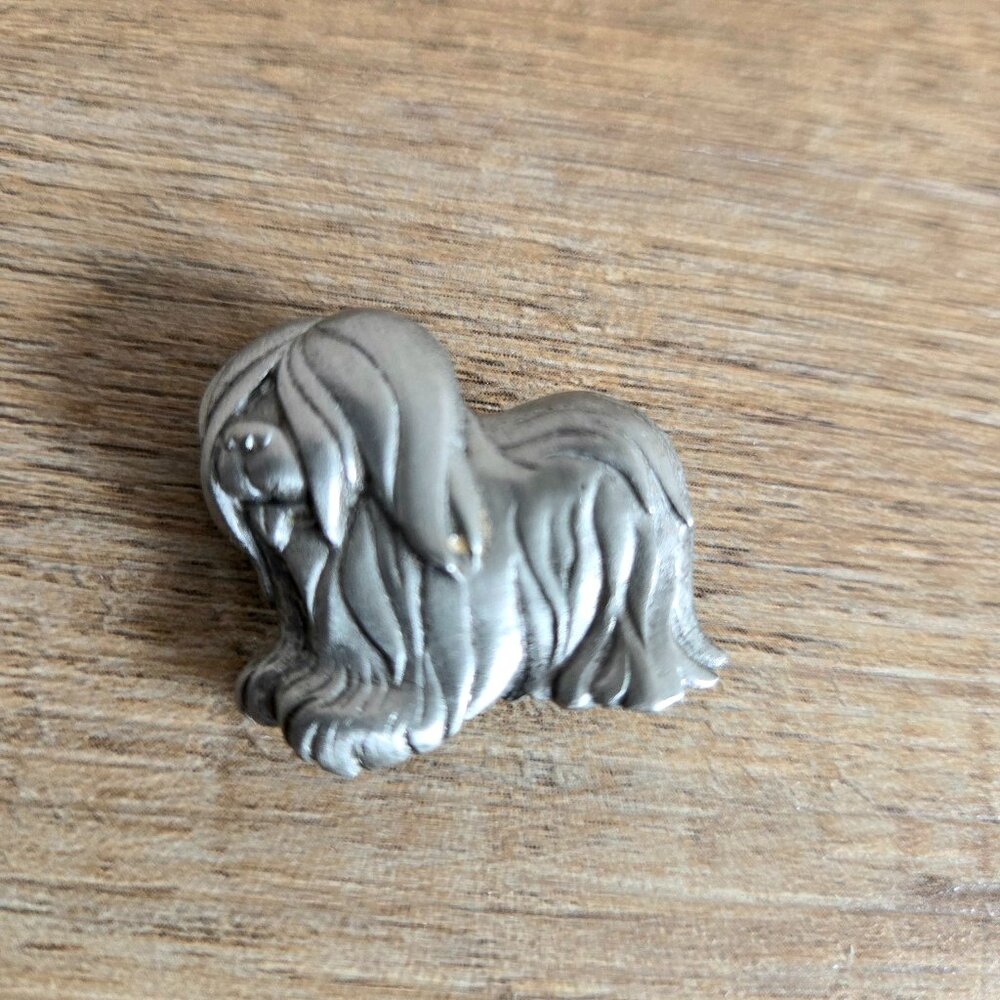 Vintage JJ Jonette pewter Long Haired Pooch dog pin brooch.
